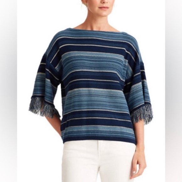 Lauren by Ralph Lauren, striped fringe, trim sleeve, Indian sweater, size L - Picture 2 of 12